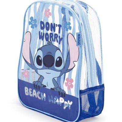 Mochila infantil transparente com personagem Stitch e textos divertidos