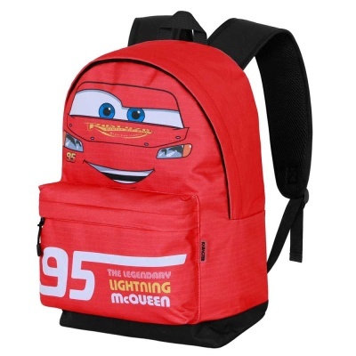 Mochila infantil vermelha com estampa do Lightning McQueen e texto 95 THE LEGENDARY LIGHTNING McQUEEN