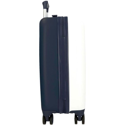 Mala de viagem rígida azul escuro e branca com rodas e pega telescópica