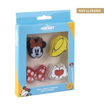 Pack 4 borrachas Disney Minnie, chapéu amarelo, laço e luvas em embalagem azul clara