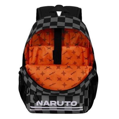Mochila xadrez cinza e preto com interior laranja e texto NARUTO