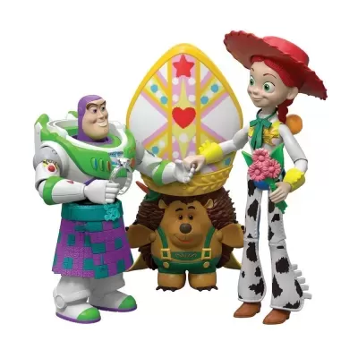 Figuras de ação de Buzz Lightyear, Jessie e um ouriço, com um objeto colorido ao fundo