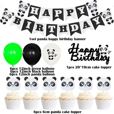 Decoração de aniversário com tema panda, faixa, balões e toppers para bolo
