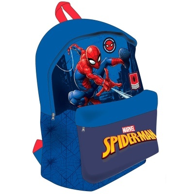 Mochila azul temática do Spider-Man com estampa colorida