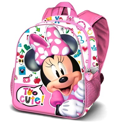 mochila infantil rosa com Minnie Mouse e texto Too Cute