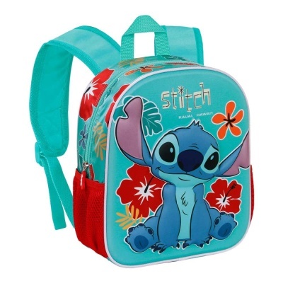 Mochila infantil azul com estampa do Stitch e flores vermelhas e laranjas