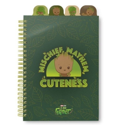 Caderno verde com tema Groot da Marvel, separadores com personagens na parte superior