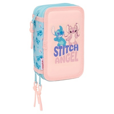 Estojo azul e rosa com personagens Stitch e Angel e texto STITCH ANGEL