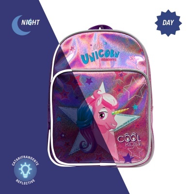 Mochila infantil rosa com unicórnio e efeito reflexivo