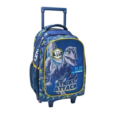 Mochila de rodas azul com estampa de dinossauro e texto Strike Attack