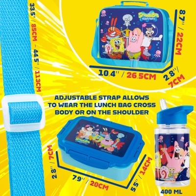 Conjunto de almoço Bob Esponja com almofada, lancheira e garrafa azul, amarelo e colorido