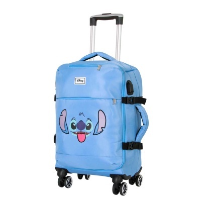 Mala de viagem azul claro com personagem Disney Stitch impressa e rodas giratórias.