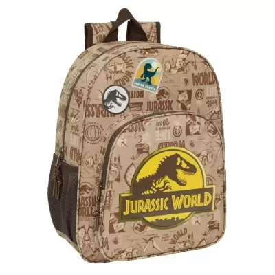 Mochila infantil bege com estampas de dinossauros e logo Jurassic World