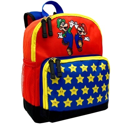 Mochila infantil vermelha e azul com desenhos de Luigi, Mario e estrelas amarelas