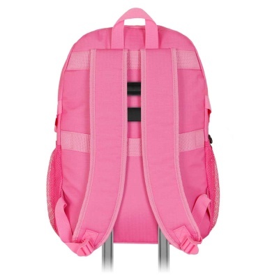 Mochila rosa com alças acolchoadas e suporte para carrinho