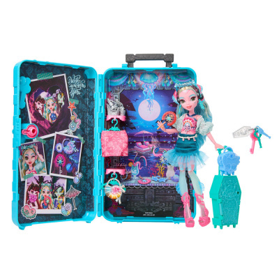 Conjunto de brinquedo com mala azul aberta e boneca com roupas e acessórios