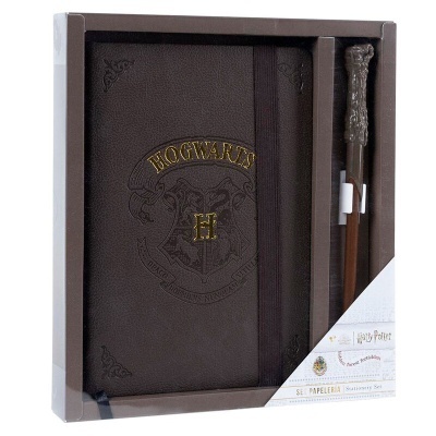 Conjunto Harry Potter com caderno castanho e pena