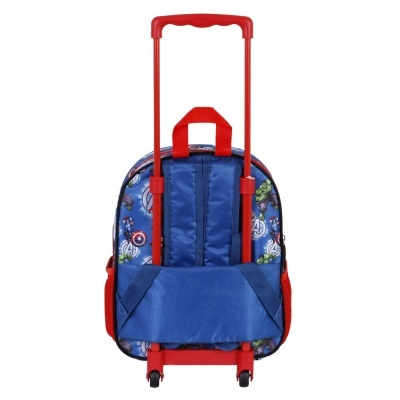 Mochila de rodinhas infantil azul com desenhos dos Vingadores e detalhes em vermelho