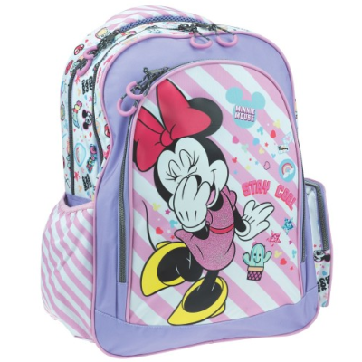Mochila infantil lilás e rosa com estampa da Minnie Mouse e textos MINNIE MOUSE e STAY COOL