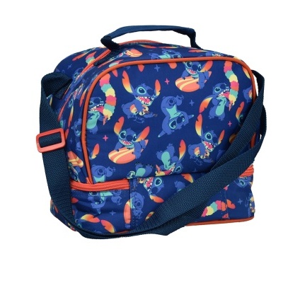 mala térmica azul com padrão do Stitch e alça ajustável