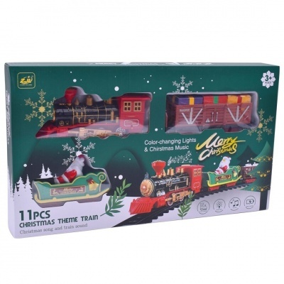 Conjunto de comboio temático de Natal com 11 peças em caixa verde com desenhos natalícios.