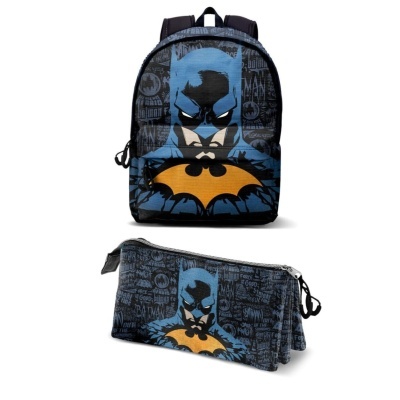 Mochila e estojo escolares do Batman azul e preto com símbolo amarelo