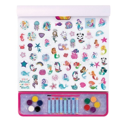 Conjunto de autocolantes coloridos com sereias, glitter e tintas em pasta