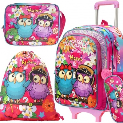 Conjunto de mochila, saco e estojo infantil com padrão de corujas e flores coloridas