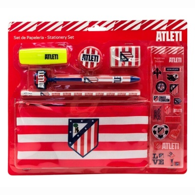 Conjunto de papelaria Atleti com estojo, canetas, lápis, borracha, apontador e autocolantes