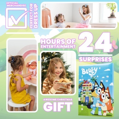 Calendário do Advento Bluey com surpresas e crianças a brincar
