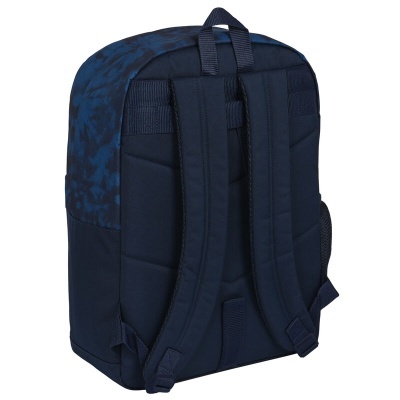 Mochila azul escura com alças acolchoadas e padrão camuflado