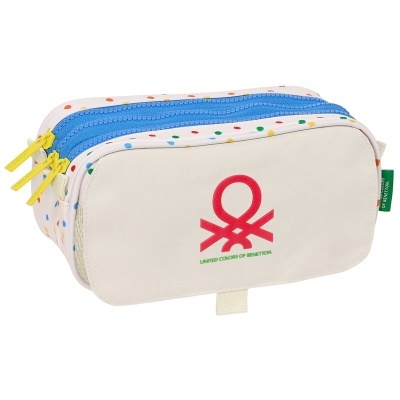 Estojo escolar retangular bege com pontos coloridos e fechos azuis e amarelos