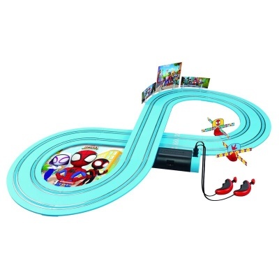 Pista de corrida azul de brinquedo em forma de oito com comandos vermelhos