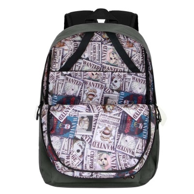 Mochila cinzenta com estampa de cartazes Wanted da série One Piece e bolso frontal com zíper