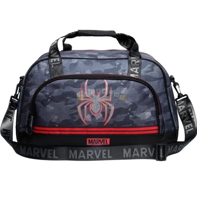 Mala de bolso cinza camuflada com alças e logo Marvel