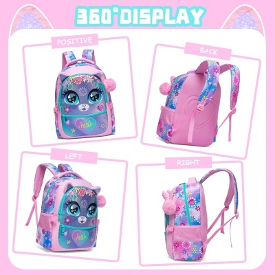 Mochila infantil rosa e lilás com flores e pompons vista de quatro ângulos