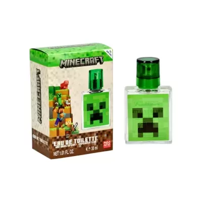 Perfume Minecraft Eau de Toilette com frasco quadrado verde e caixa colorida com personagens