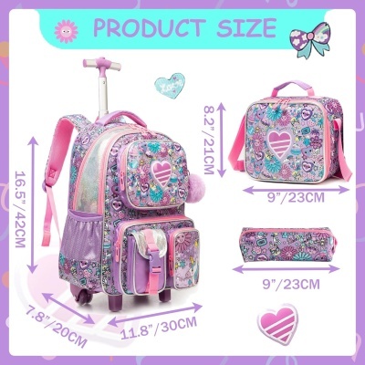 Conjunto infantil de mochila com rodinhas, lancheira e estojo coloridos, dimensões especificadas.