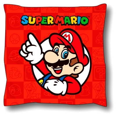Almofada vermelha com Super Mario desenhado e texto colorido SUPER MARIO