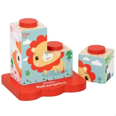 Blocos de madeira infantis com ilustrações de leão e base vermelha Fisher-Price