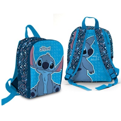 Mochila azul com imagem do Stitch e padrão floral nas laterais