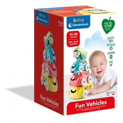 Caixa de brinquedo Fun Vehicles com quatro veículos coloridos e imagem de bebé sorridente