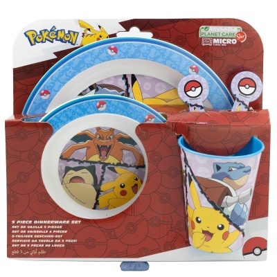 Conjunto de loiça infantil tema Pokémon com pratos e copo coloridos e decorados