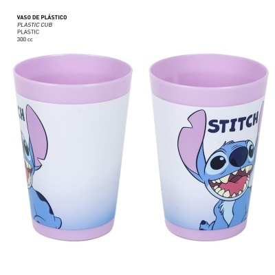 Dois copos de plástico lilás e branco com imagem do Stitch