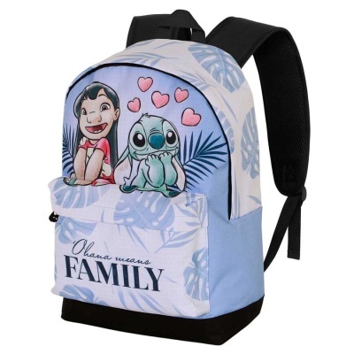 Mochila azul clara com personagens Lilo e Stitch e texto Ohana means FAMILY