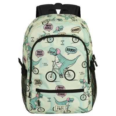 Mochila com padrão de dinossauros a andar de bicicleta em fundo verde-água