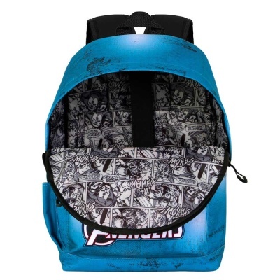 Mochila azul Avengers com interior de quadrinhos a preto e branco e alças pretas