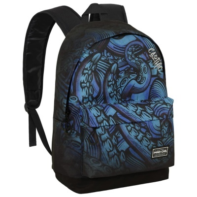 mochila preta com design azul de tentáculos e texto