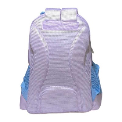 Mochila lilás com laterais azuis e design ergonómico