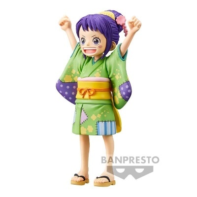 Figura colecionável de personagem com quimono verde e cabelo roxo